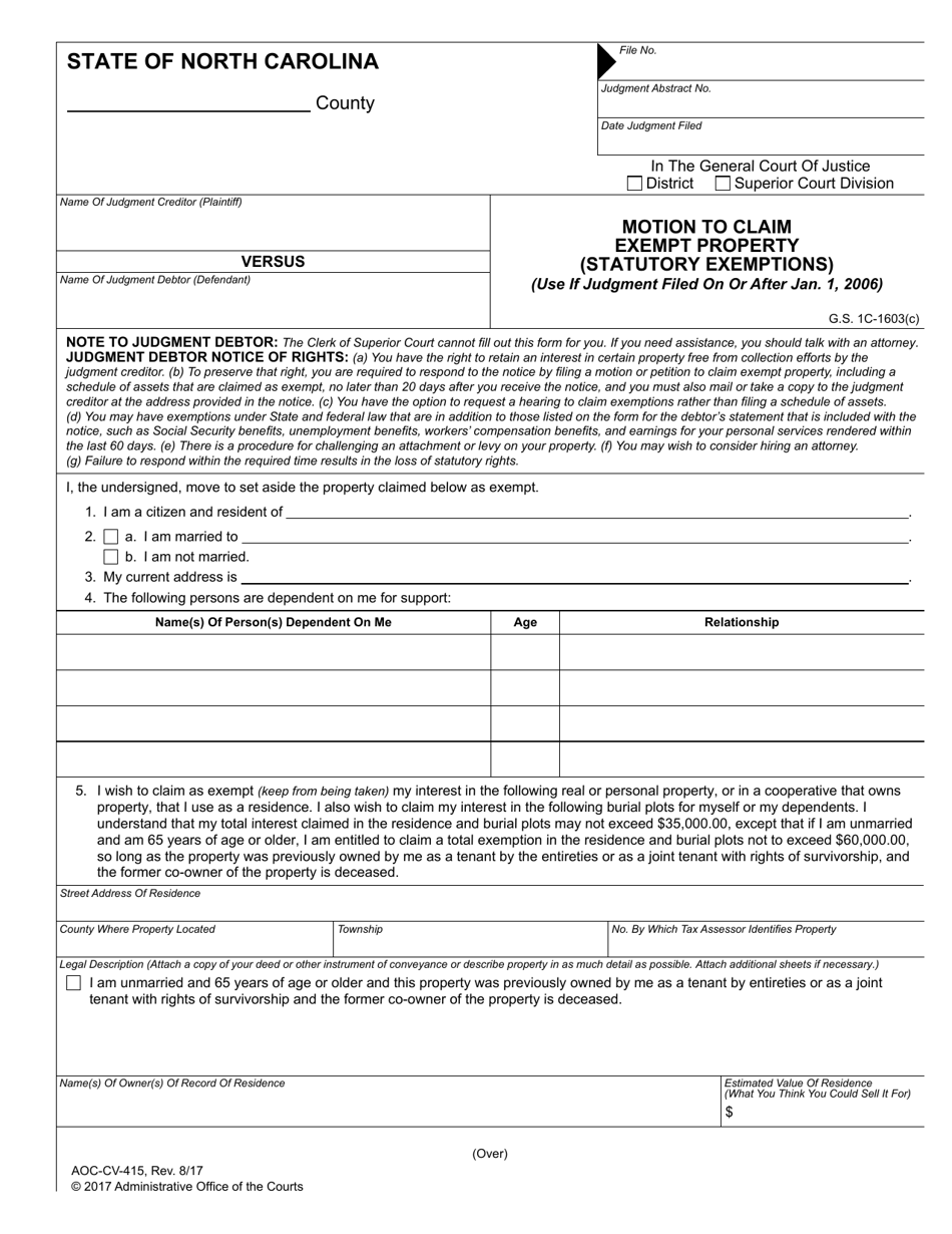 Form AOC-CV-415 Motion to Claim Exempt Property (Statutory Exemptions) - North Carolina, Page 1