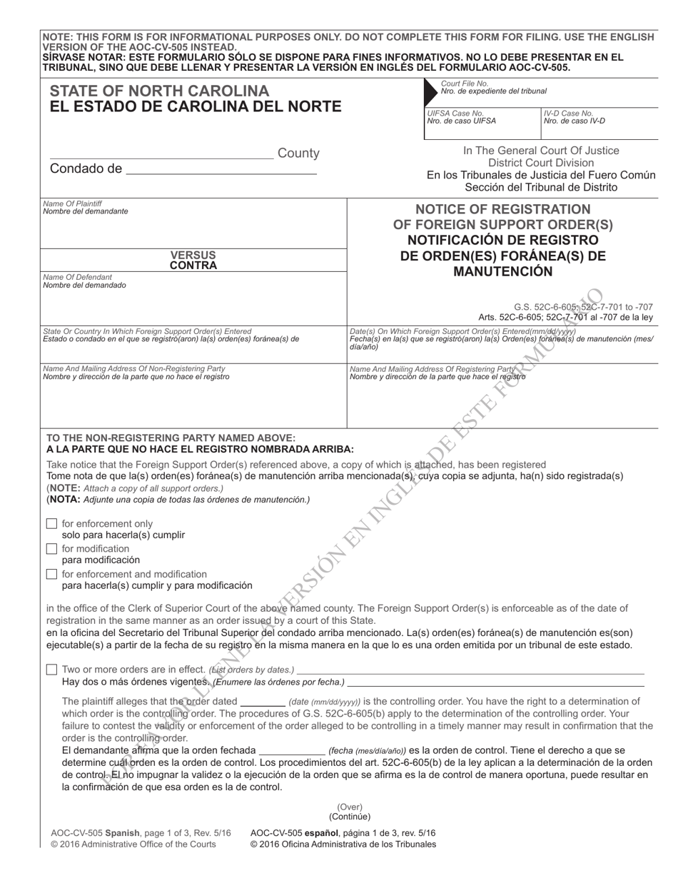Form AOC-CV-505 SPANISH Notice of Registration of Foreign Support Order(S) - North Carolina (English / Spanish), Page 1