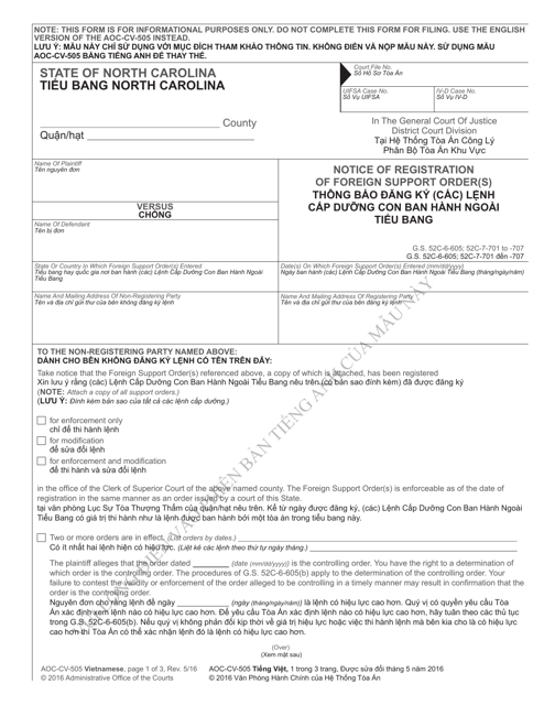 Form AOC-CV-505 VIETNAMESE Notice of Registration of Foreign Support Order(S) - North Carolina (English/Vietnamese)