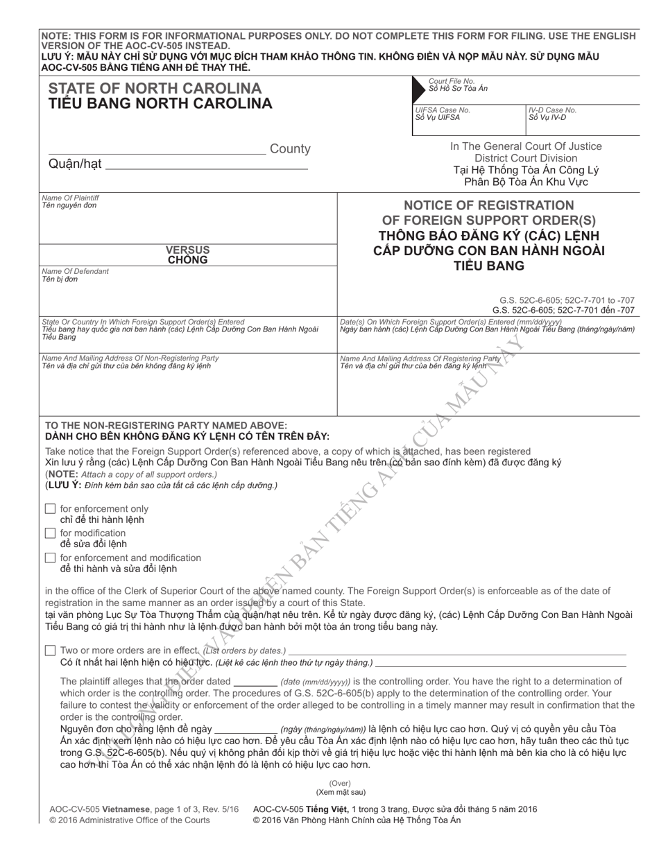 Form AOC-CV-505 VIETNAMESE Notice of Registration of Foreign Support Order(S) - North Carolina (English / Vietnamese), Page 1