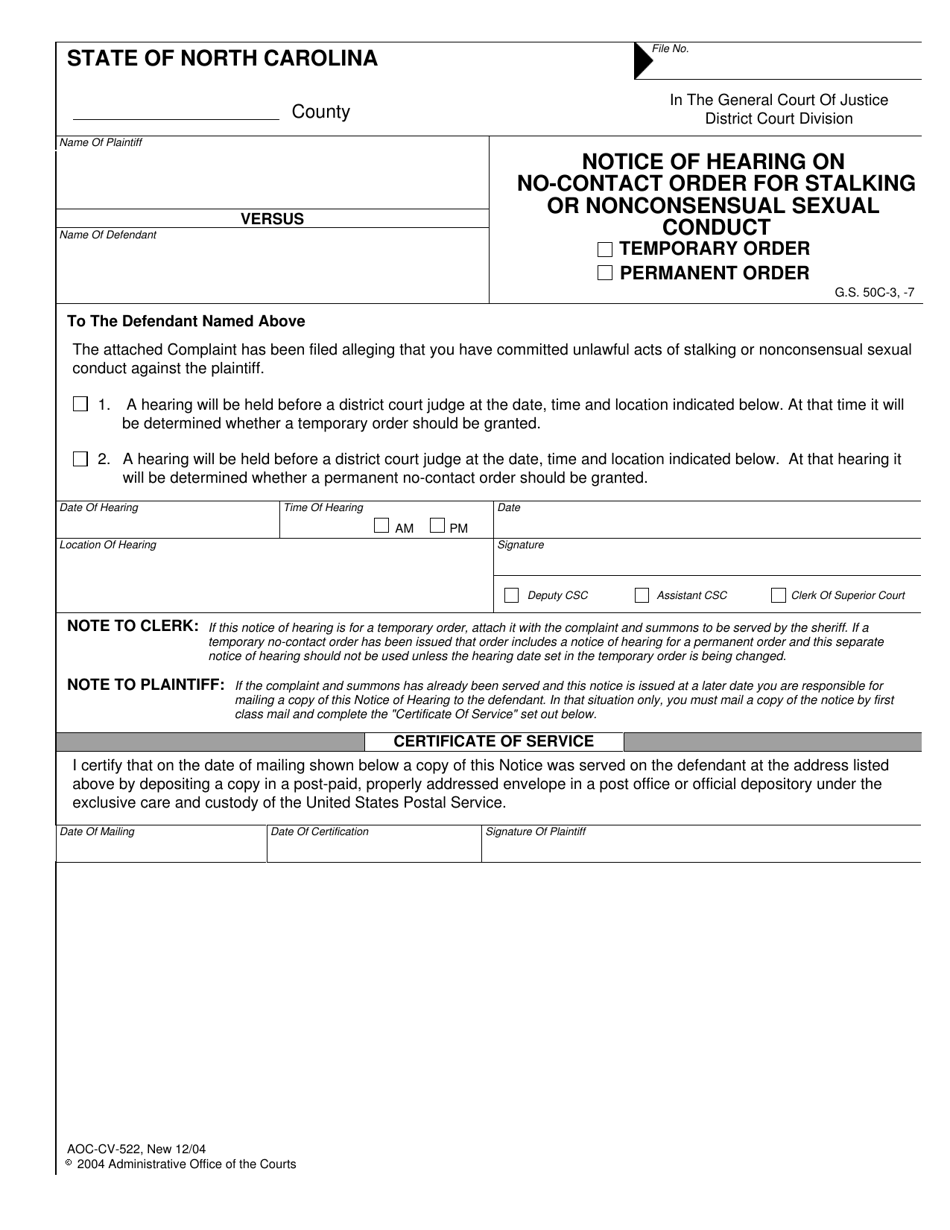 Form AOC-CV-522 Notice of Hearing on No-Contact Order for Stalking or Nonconsensual Sexual Conduct - Temporary Order / Permanent Order - North Carolina, Page 1