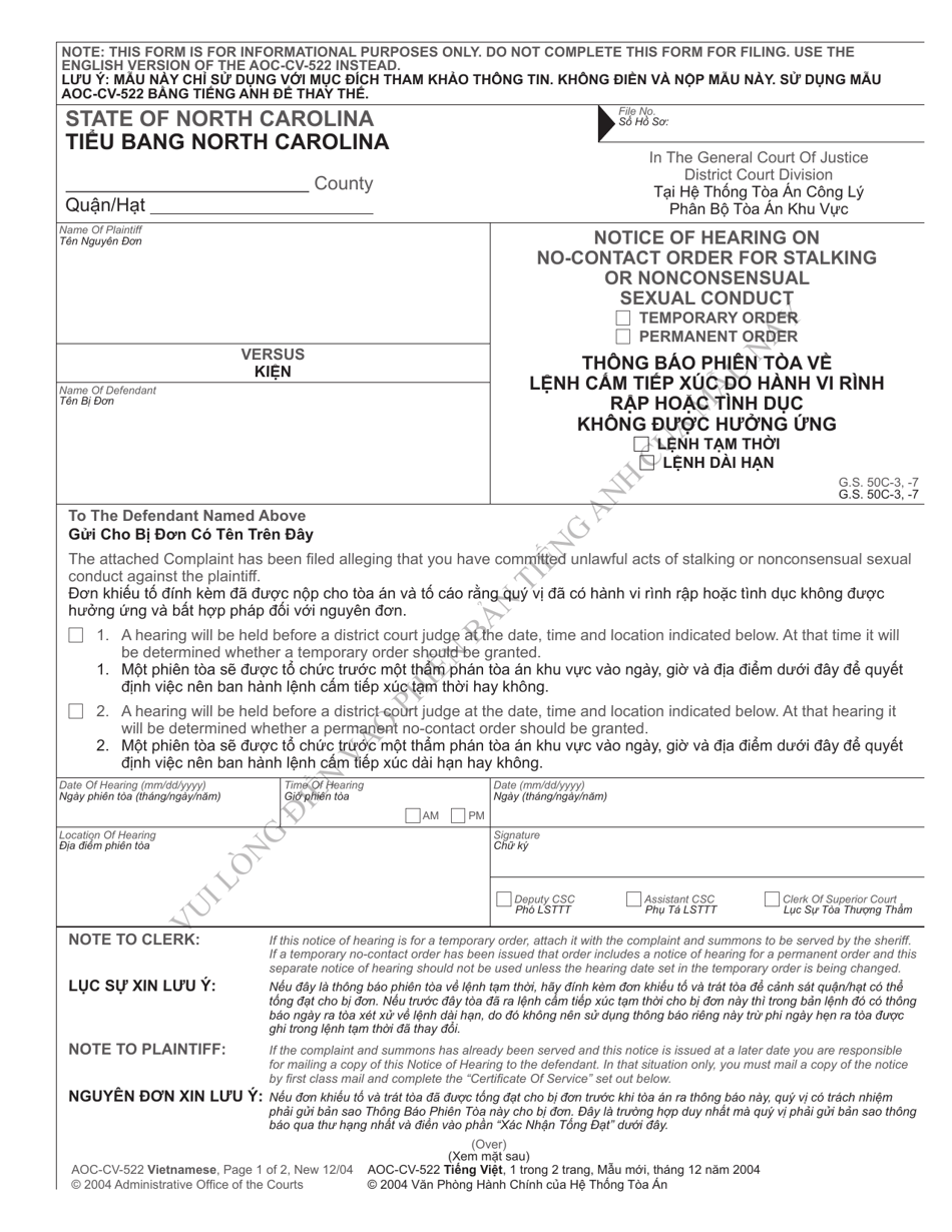 Form Aoc Cv 522 Vietnamese Download Printable Pdf Or Fill Online Notice Of Hearing On No Contact 7474