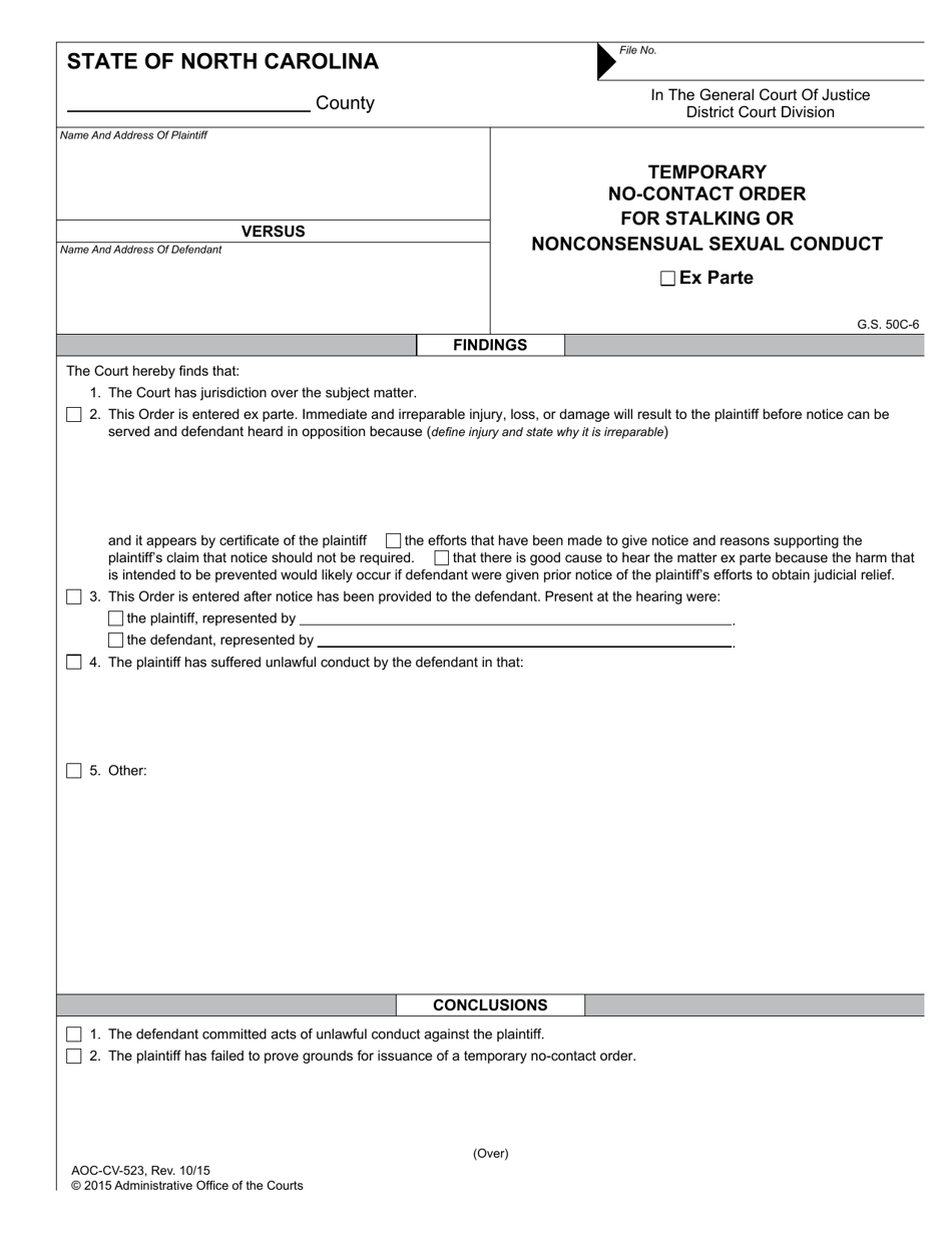 Form AOC-CV-523 Temporary No-Contact Order for Stalking or Nonconsensual Sexual Conduct (Ex Parte) - North Carolina, Page 1