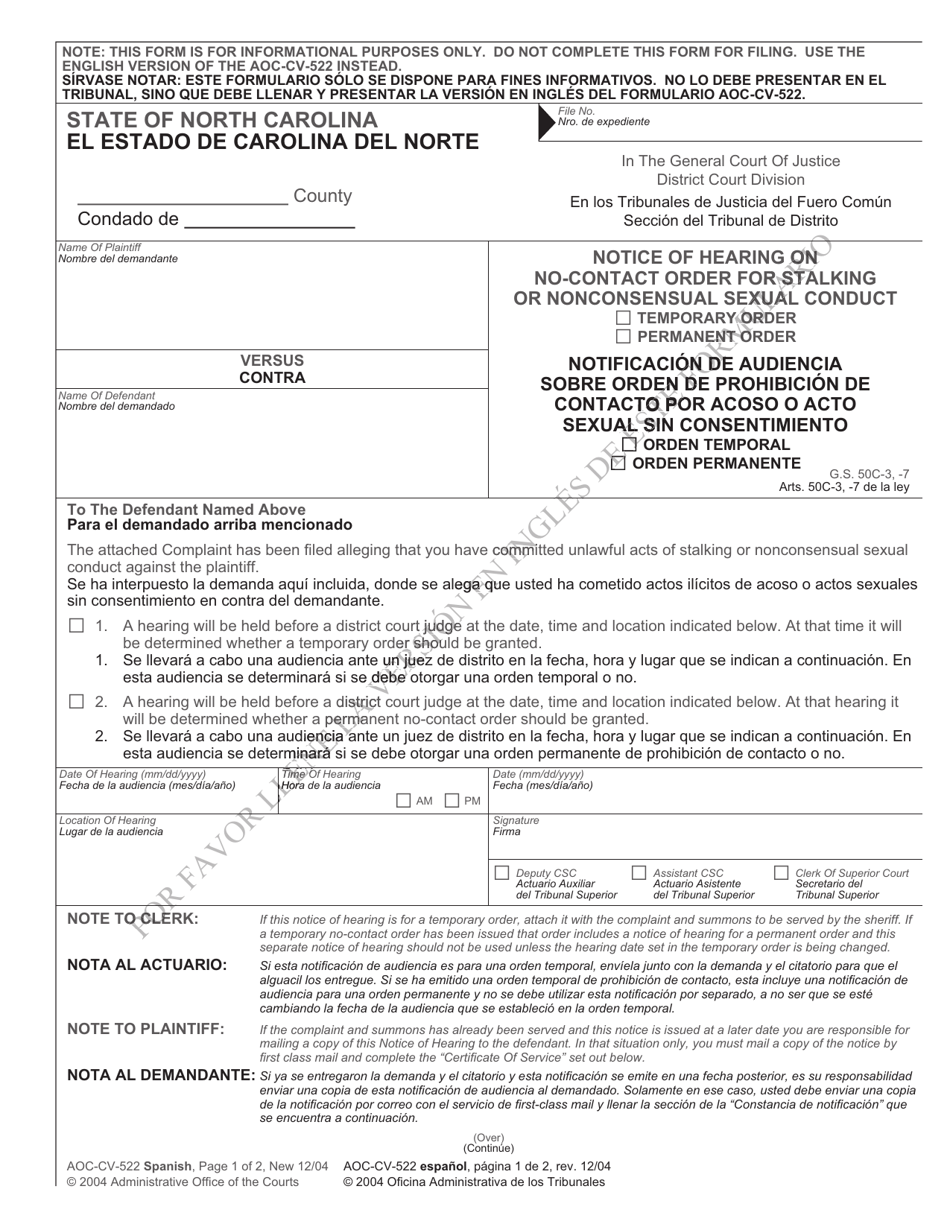 Form AOC-CV-522 SPANISH Notice of Hearing on No-Contact Order for Stalking or Nonconsensual Sexual Conduct (Temporary Order / Permanent Order) - North Carolina (English / Spanish), Page 1