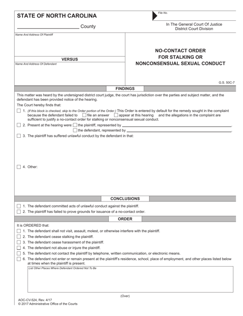 Form AOC-CV-524 No-Contact Order for Stalking or Nonconsensual Sexual Conduct - North Carolina