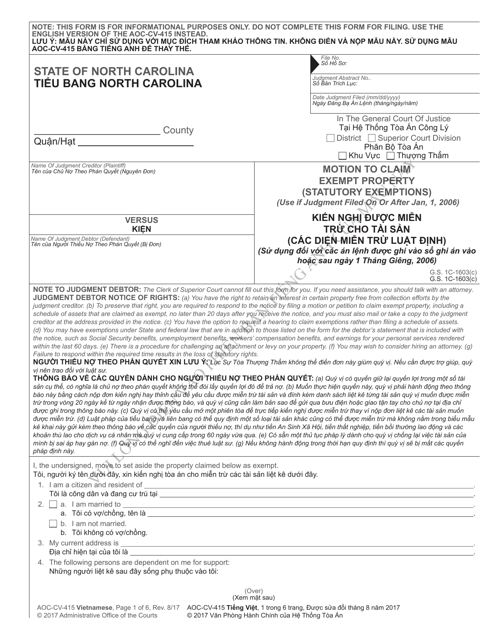 Form AOC-CV-415 VIETNAMESE Motion to Claim Exempt Property (Statutory Exemptions) - North Carolina (English/Vietnamese)