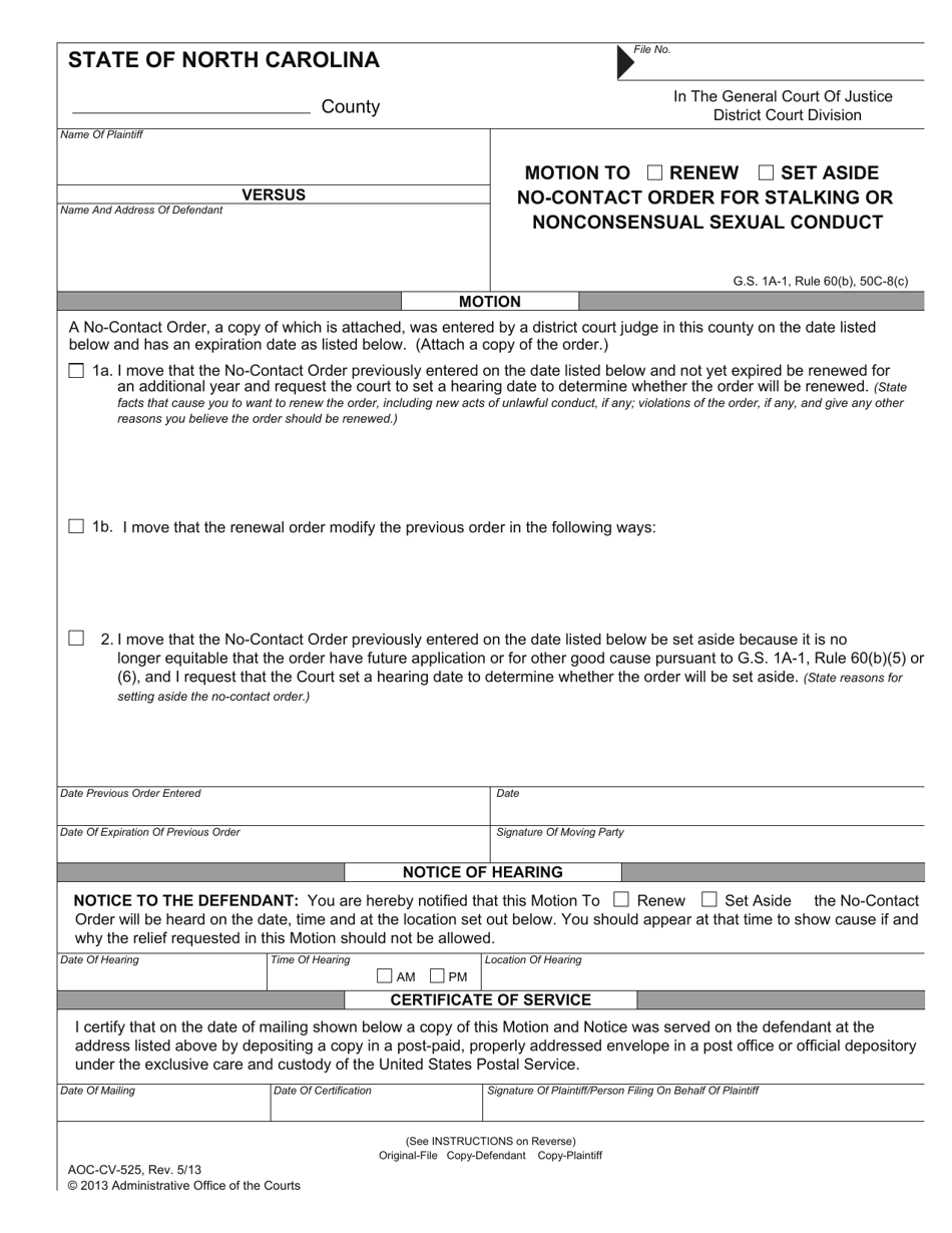 Form AOC-CV-525 Motion to Renew / Set Aside No-Contact Order for Stalking or Nonconsensual Sexual Conduct - North Carolina, Page 1