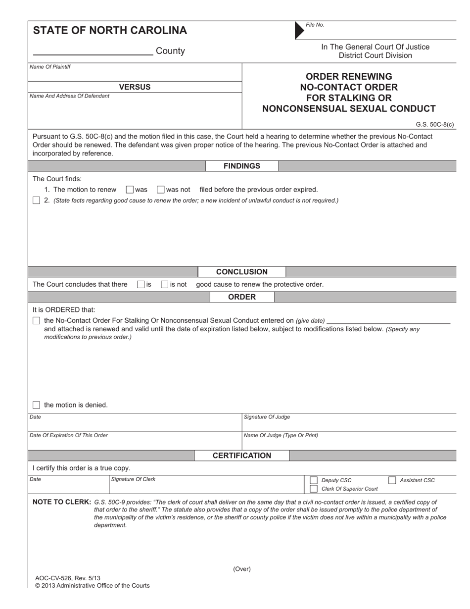 Form AOC-CV-526 Order Renewing No-Contact Order for Stalking or Nonconsensual Sexual Conduct - North Carolina, Page 1
