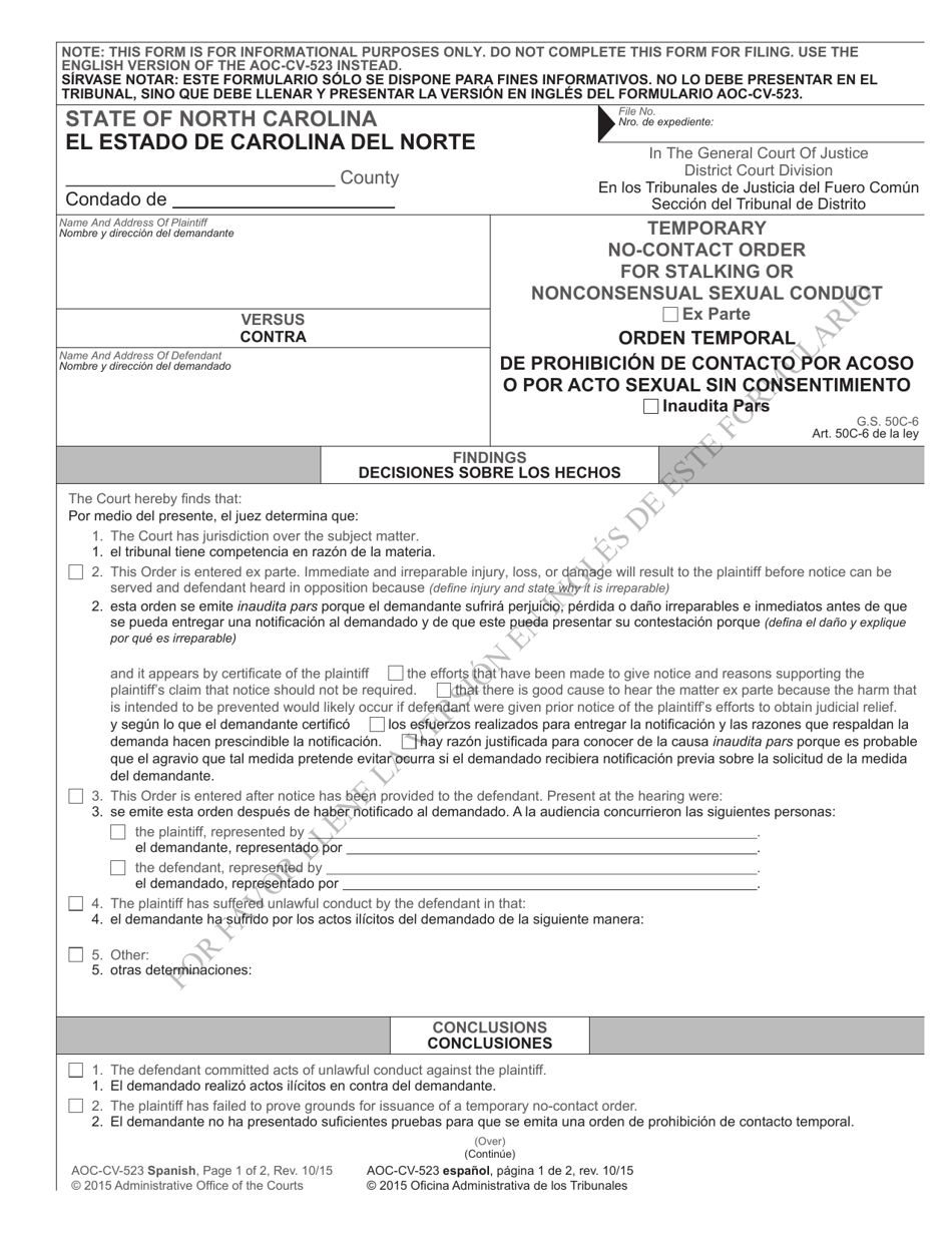 Form AOC-CV-523 SPANISH Temporary No-Contact Order for Stalking or Nonconsensual Sexual Conduct (Ex Parte) - North Carolina (English / Spanish), Page 1