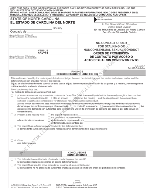 Form AOC-CV-524 SPANISH No-Contact Order for Stalking or Nonconsensual Sexual Conduct - North Carolina (English/Spanish)