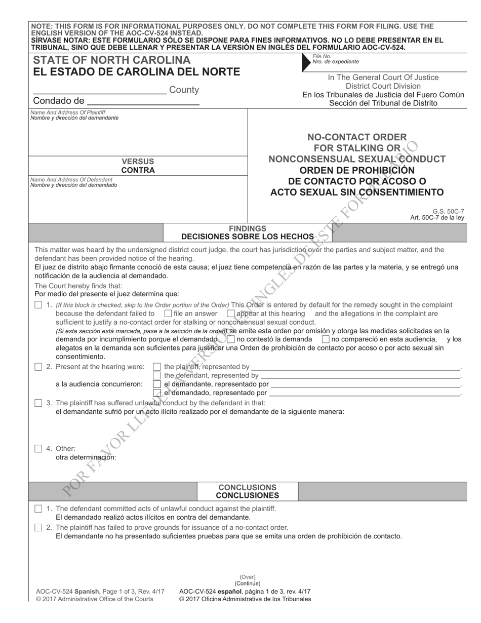 Form AOC-CV-524 SPANISH No-Contact Order for Stalking or Nonconsensual Sexual Conduct - North Carolina (English / Spanish), Page 1