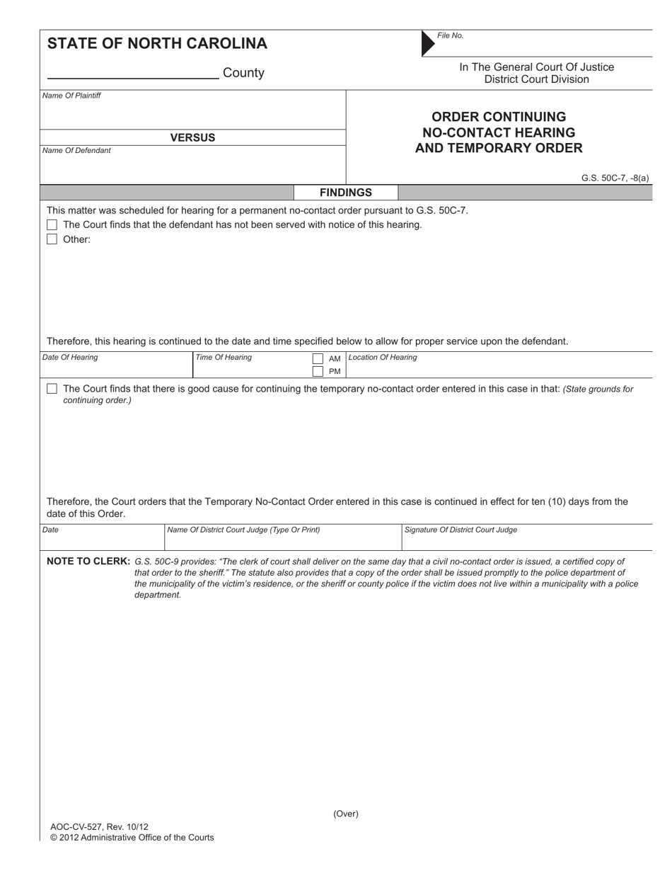 Form AOC-CV-527 Order Continuing No-Contact Hearing and Temporary Order - North Carolina, Page 1