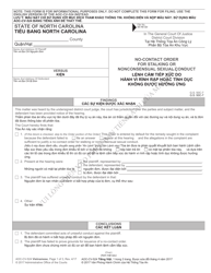 Document preview: Form AOC-CV-524 VIETNAMESE No-Contact Order for Stalking or Nonconsensual Sexual Conduct - North Carolina (English/Vietnamese)