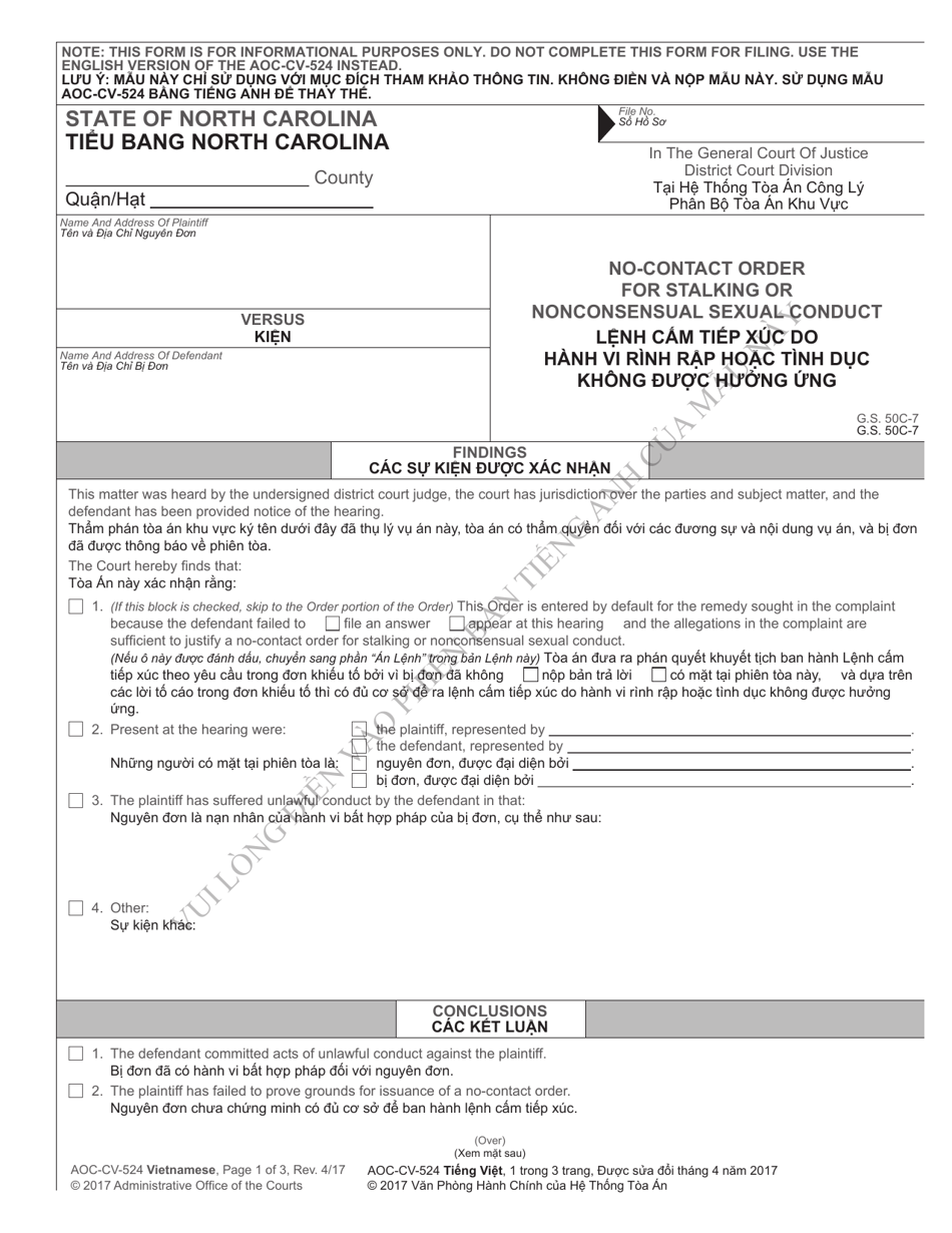 Form AOC-CV-524 VIETNAMESE No-Contact Order for Stalking or Nonconsensual Sexual Conduct - North Carolina (English / Vietnamese), Page 1