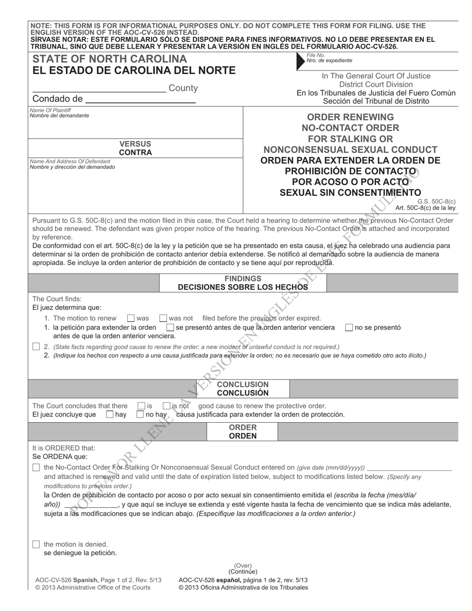 Form AOC-CV-526 SPANISH Order Renewing No-Contact Order for Stalking or Nonconsensual Sexual Conduct - North Carolina (English / Spanish), Page 1