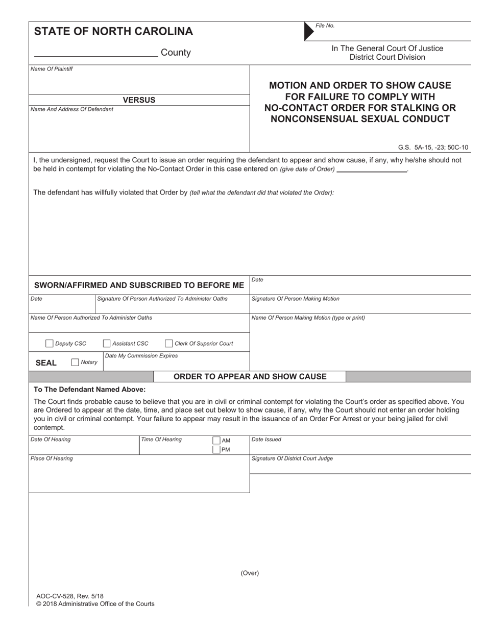 Form Aoc Cv 528 Download Fillable Pdf Or Fill Online Motion And Order To Show Cause For Failure To Comply With No Contact Order For Stalking Or Nonconsensual Sexual Conduct North Carolina Templateroller