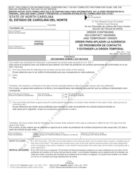 Form AOC-CV-527 SPANISH Order Continuing No-Contact Hearing and Temporary Order - North Carolina (English/Spanish)