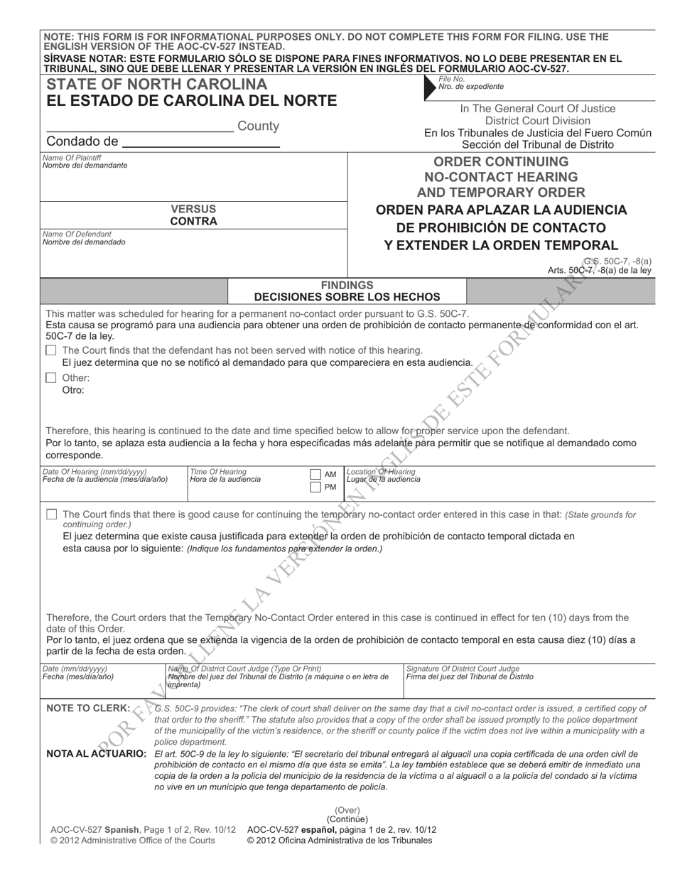 Form AOC-CV-527 SPANISH Order Continuing No-Contact Hearing and Temporary Order - North Carolina (English / Spanish), Page 1