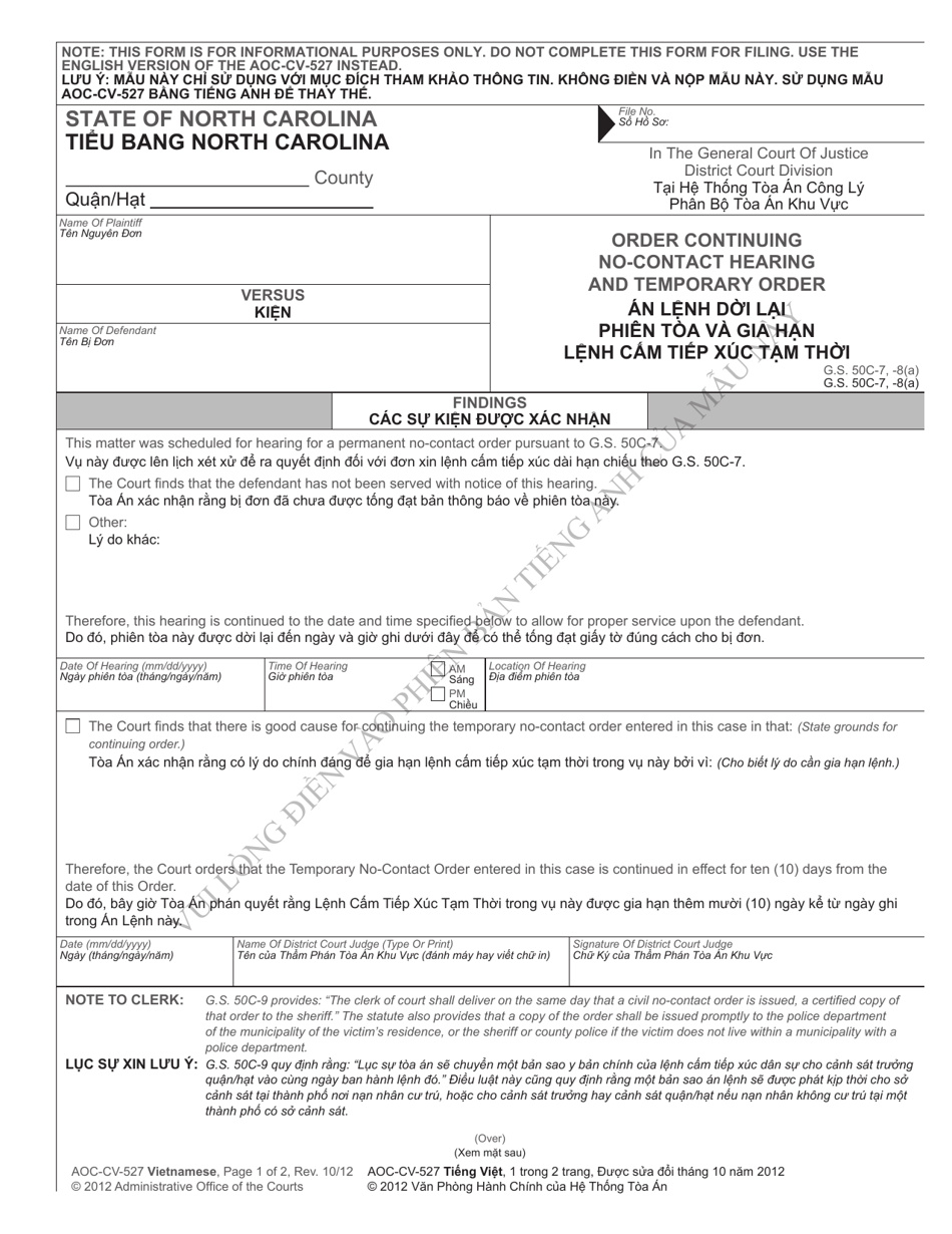 Form AOC-CV-527 VIETNAMESE Order Continuing No-Contact Hearing and Temporary Order - North Carolina (English / Vietnamese), Page 1