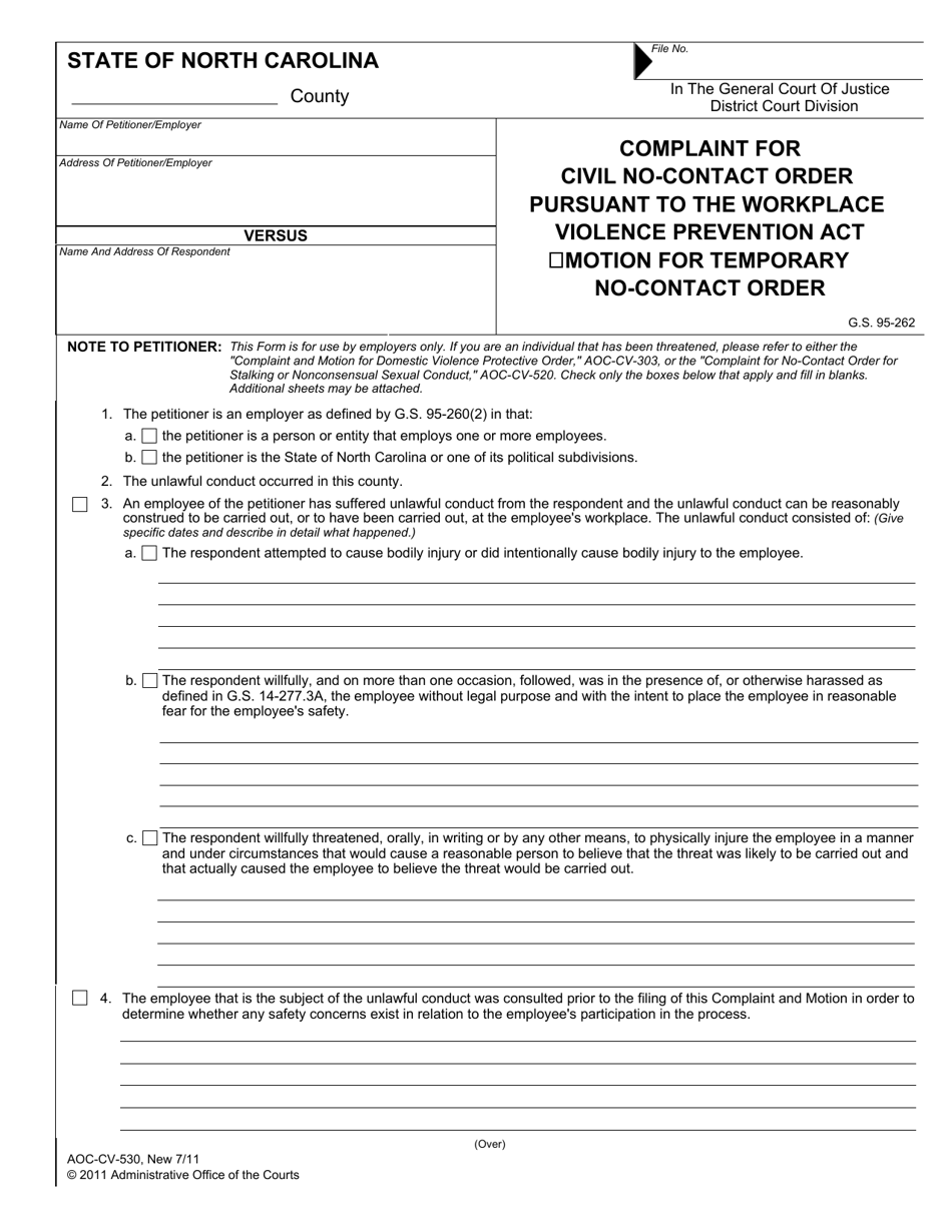 Form AOC-CV-530 Complaint for Civil No-Contact Order Pursuant to the Workplace Violence Prevention Act - Motion for Temporary No-Contact Order - North Carolina, Page 1