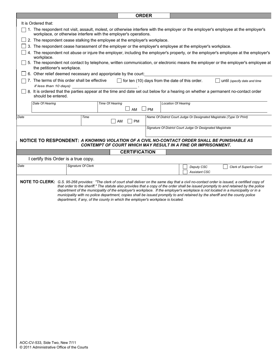 Form AOC-CV-533 Temporary No-Contact Order Pursuant to the Workplace Violence Prevention Act - Ex Parte - North Carolina, Page 2