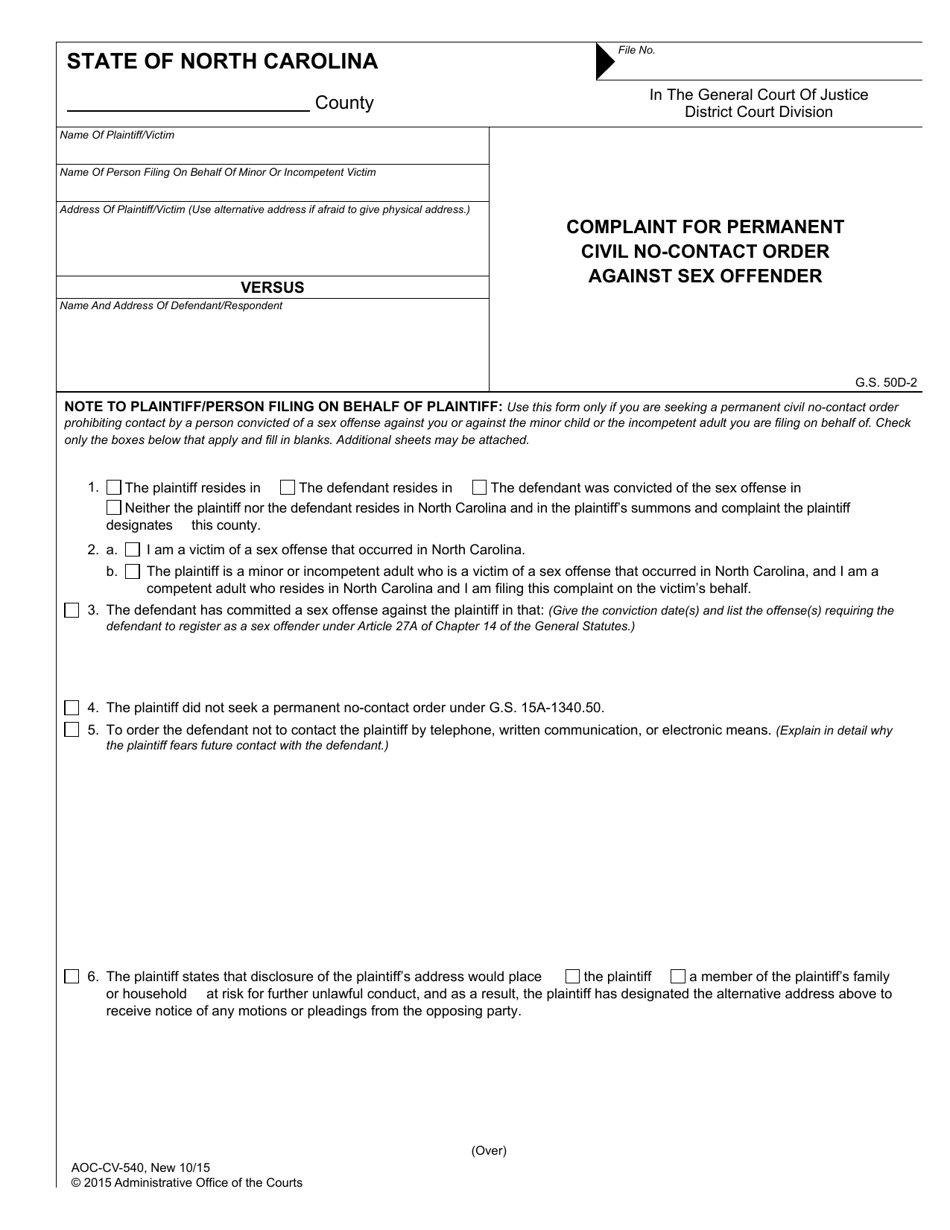 Form AOC-CV-540 Complaint for Permanent Civil No-Contact Order Against Sex Offender - North Carolina, Page 1