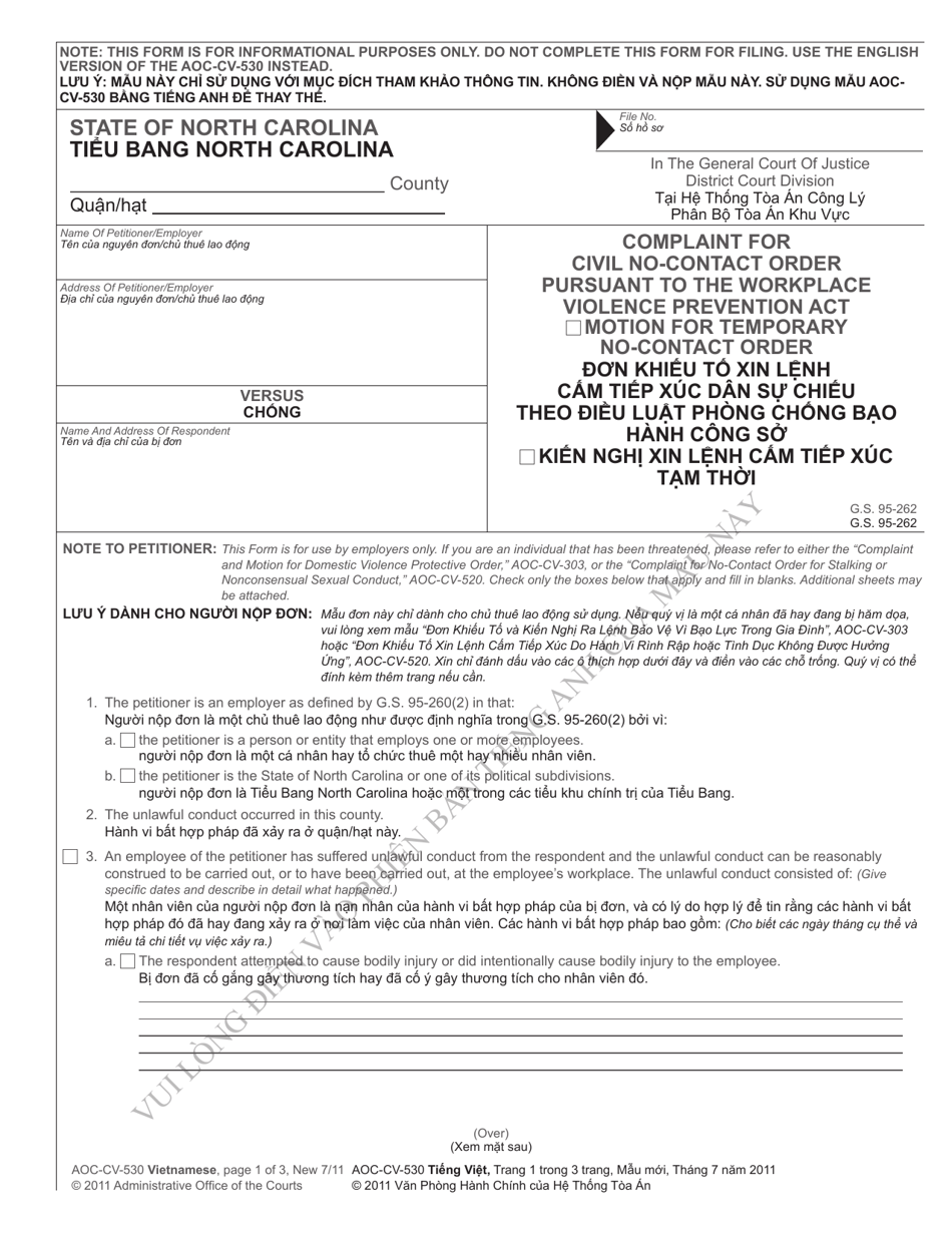 Form AOC-CV-530 VIETNAMESE Complaint for Civil No-Contact Order Pursuant to the Workplace Violence Prevention Act - Motion for Temporary No-Contact Order - North Carolina (English / Vietnamese), Page 1