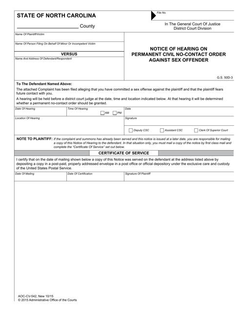 Form AOC-CV-542 Notice of Hearing on Permanent Civil No-Contact Order Against Sex Offender - North Carolina