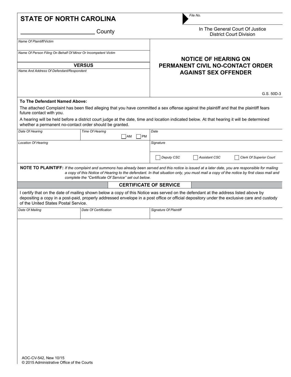 Form AOC-CV-542 Notice of Hearing on Permanent Civil No-Contact Order Against Sex Offender - North Carolina, Page 1