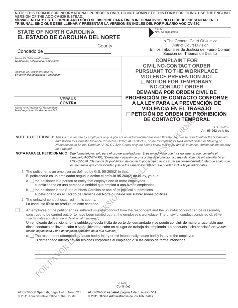 Form AOC-CV-530 SPANISH Complaint for Civil No-Contact Order Pursuant to the Workplace Violence Prevention Act - Motion for Temporary No-Contact Order - North Carolina (English / Spanish), Page 1