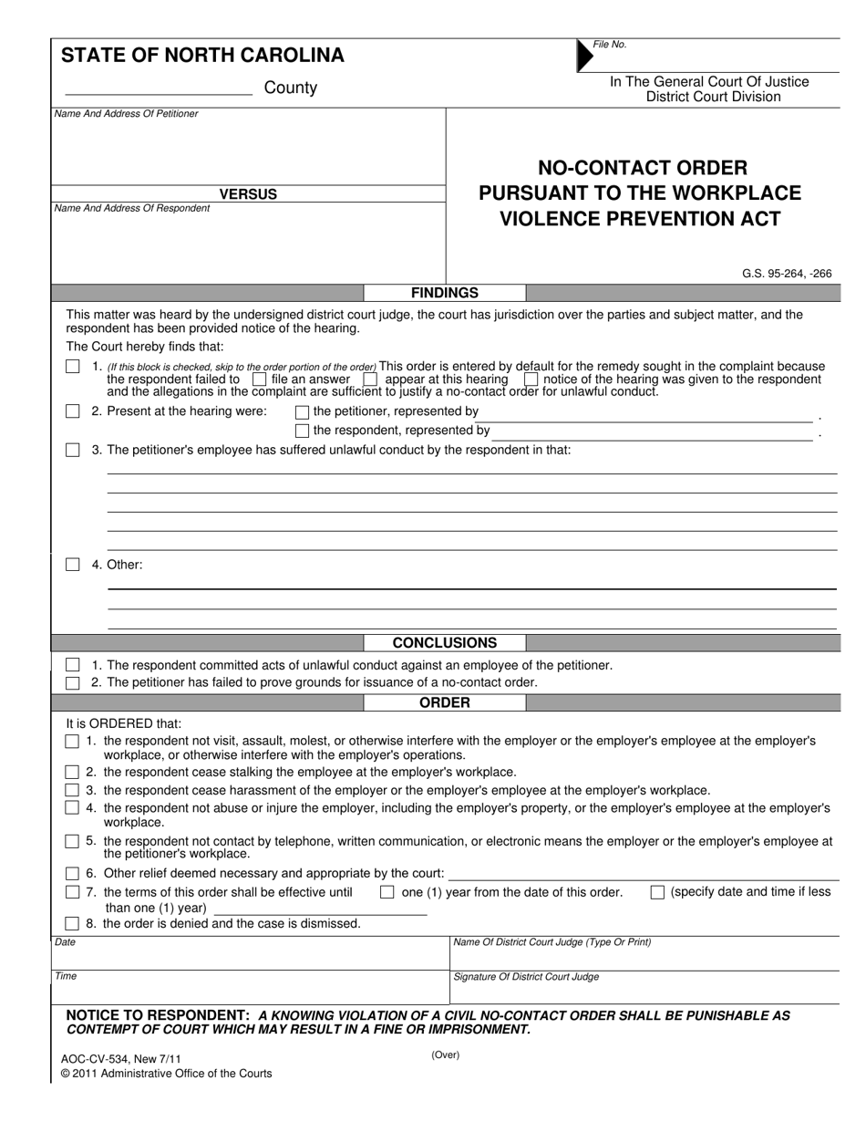 Form AOC-CV-534 No-Contact Order Pursuant to the Workplace Violence Prevention Act - North Carolina, Page 1