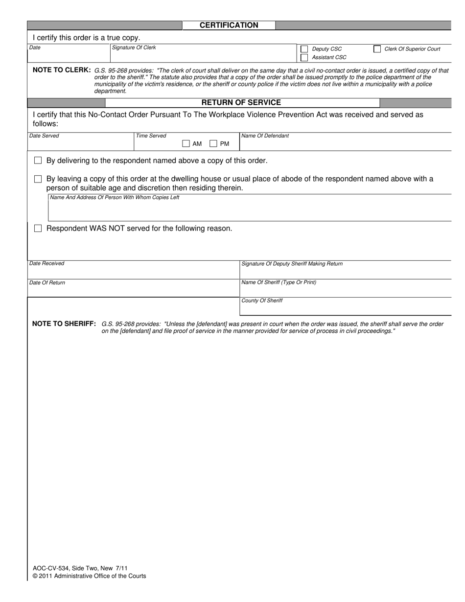 Form AOC-CV-534 No-Contact Order Pursuant to the Workplace Violence Prevention Act - North Carolina, Page 2
