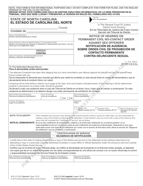 Form AOC-CV-542 SPANISH Notice of Hearing on Permanent Civil No-Contact Order Against Sex Offender - North Carolina (English/Spanish)