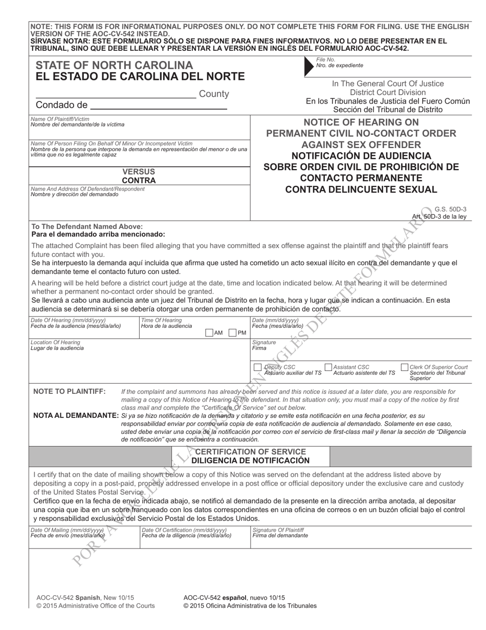 Form AOC-CV-542 SPANISH Notice of Hearing on Permanent Civil No-Contact Order Against Sex Offender - North Carolina (English / Spanish), Page 1