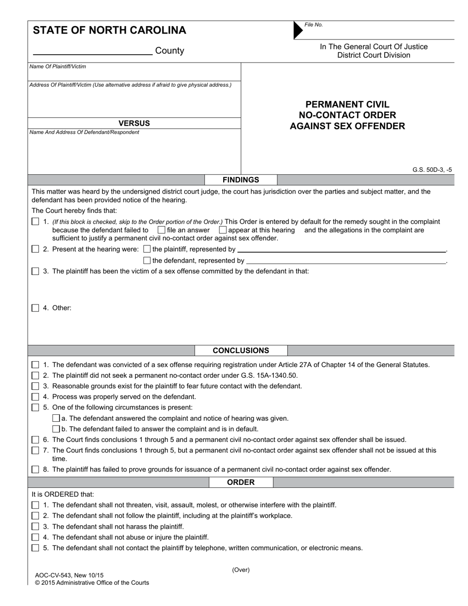 Form AOC-CV-543 Permanent Civil No-Contact Order Against Sex Offender - North Carolina, Page 1