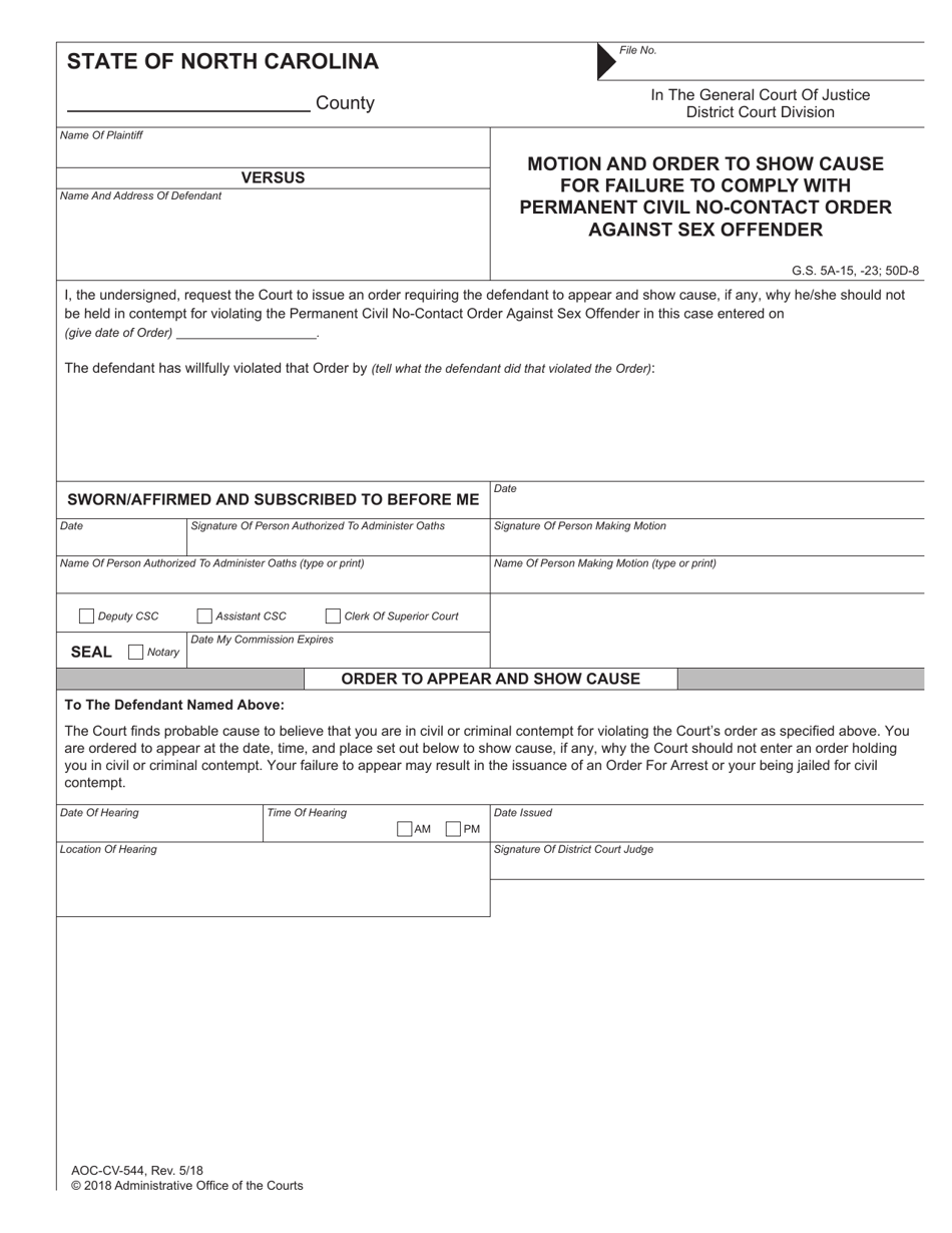 Form AOC-CV-544 Motion and Order to Show Cause for Failure to Comply With Permanent Civil No-Contact Order Against Sex Offender - North Carolina, Page 1