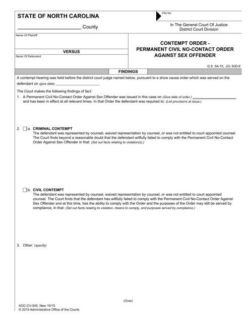Form AOC-CV-545 Contempt Order - Permanent Civil No-Contact Order Against Sex Offender - North Carolina