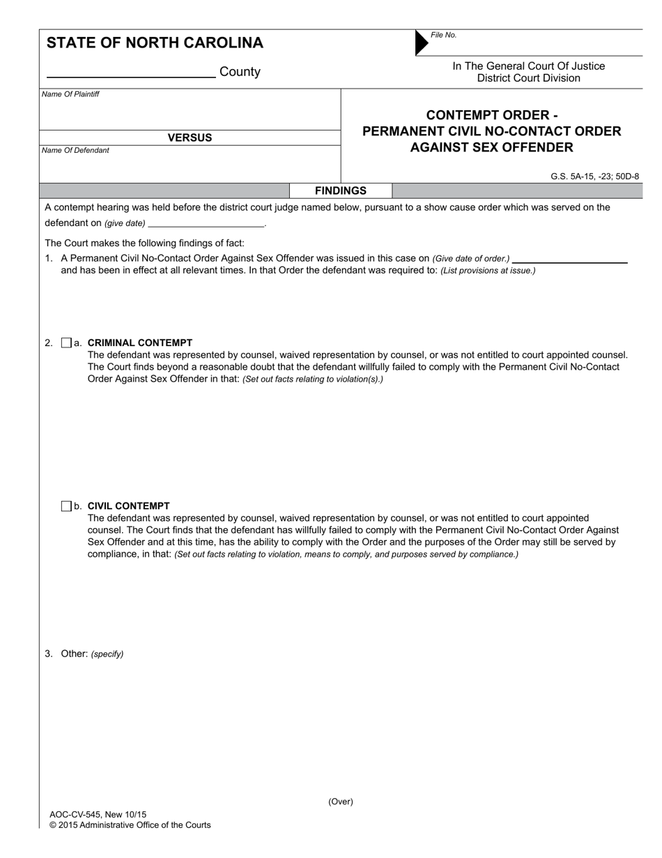 Form AOC-CV-545 Contempt Order - Permanent Civil No-Contact Order Against Sex Offender - North Carolina, Page 1