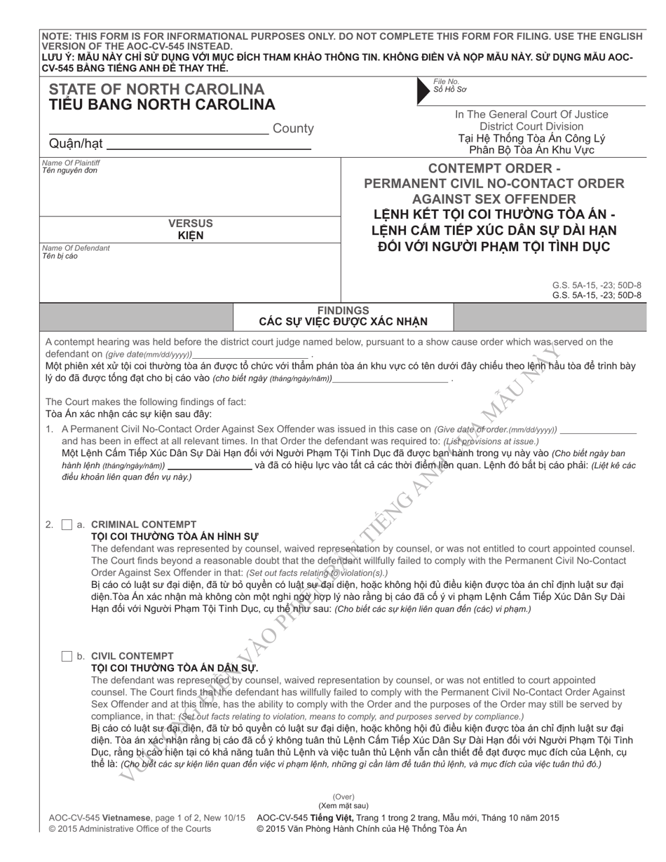 Form AOC-CV-545 VIETNAMESE Contempt Order - Permanent Civil No-Contact Order Against Sex Offender - North Carolina (English / Vietnamese), Page 1