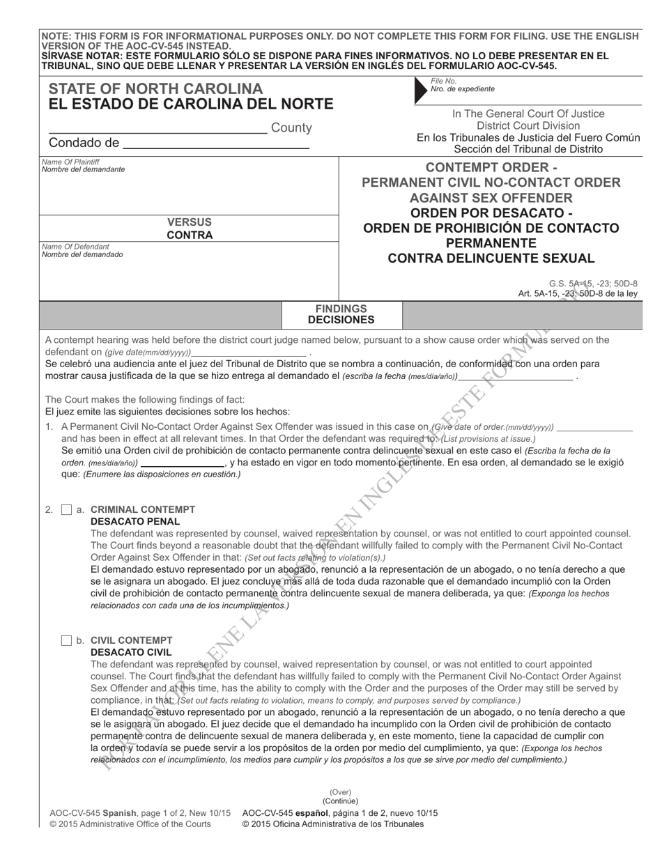 Form AOC-CV-545 SPANISH Contempt Order - Permanent Civil No-Contact Order Against Sex Offender - North Carolina (English / Spanish), Page 1