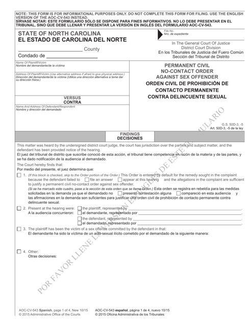 Form AOC-CV-543 SPANISH Permanent Civil No-Contact Order Against Sex Offender - North Carolina (English/Spanish)