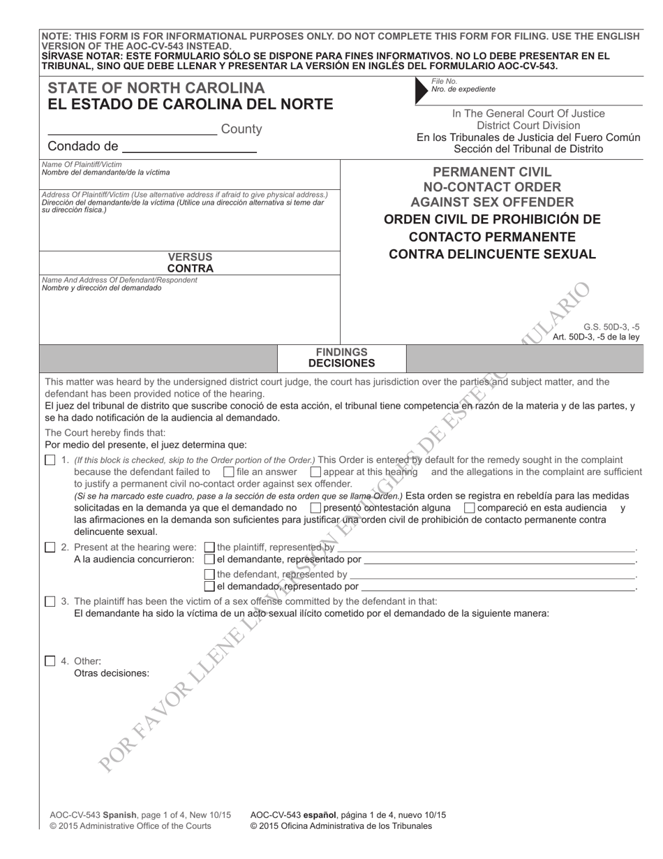 Form AOC-CV-543 SPANISH Permanent Civil No-Contact Order Against Sex Offender - North Carolina (English / Spanish), Page 1