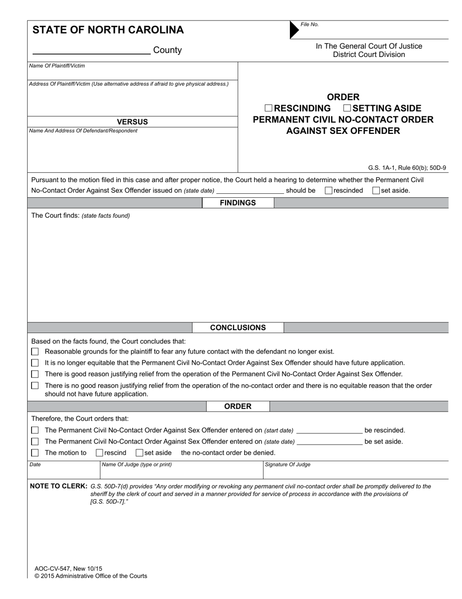 Form AOC-CV-547 Order Rescinding / Setting Aside Permanent Civil No-Contact Order Against Sex Offender - North Carolina, Page 1