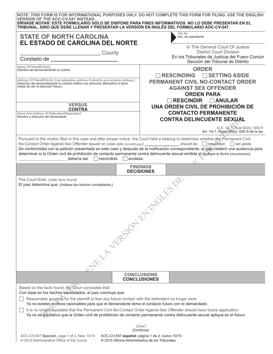 Form AOC-CV-547 SPANISH Order Rescinding / Setting Aside Permanent Civil No-Contact Order Against Sex Offender - North Carolina (English / Spanish), Page 1