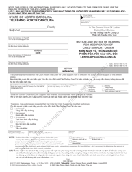Document preview: Form AOC-CV-600 VIETNAMESE Motion and Notice of Hearing for Modification of Child Support Order - North Carolina (English/Vietnamese)