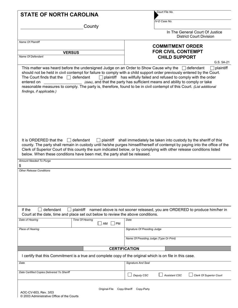 Form AOC-CV-603 Commitment Order for Civil Contempt Child Support - North Carolina, Page 1