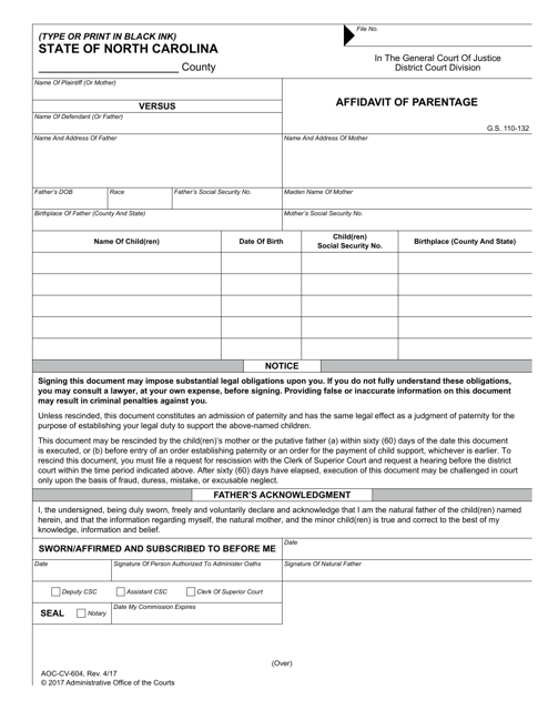 Form AOC-CV-604 Affidavit of Parentage - North Carolina