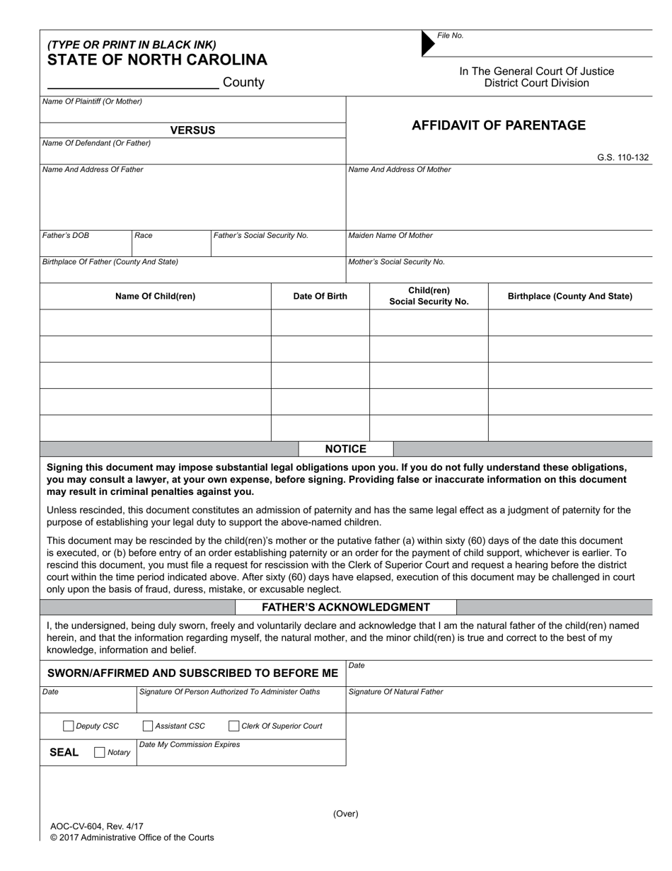 Form AOC-CV-604 Affidavit of Parentage - North Carolina, Page 1
