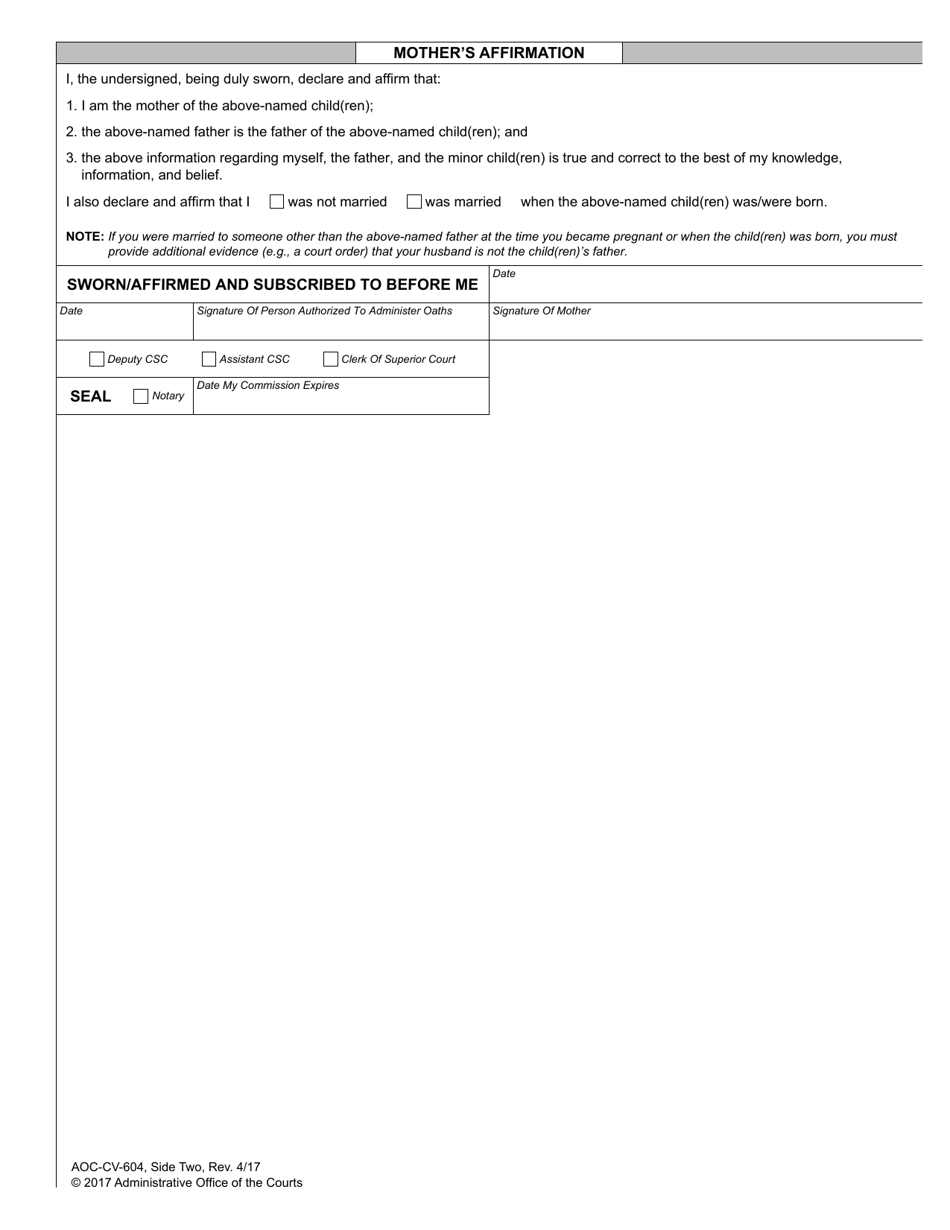 Form AOC-CV-604 Affidavit of Parentage - North Carolina, Page 2