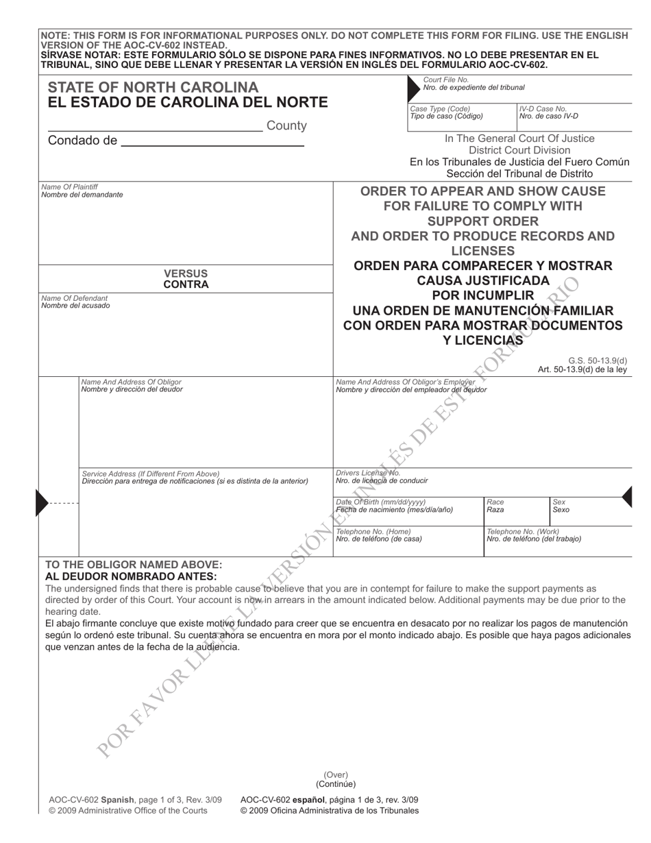 Form AOC-CV-602 SPANISH Order to Appear and Show Cause for Failure to Comply With Support Order and Order to Produce Records and Licenses - North Carolina (English / Spanish), Page 1